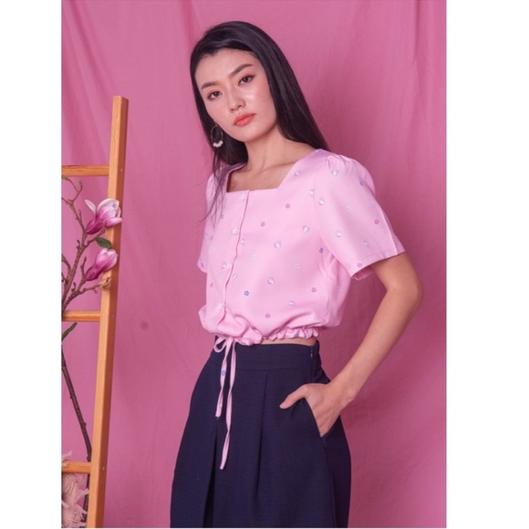 Hello Kitty Pink Daisy Button Up Square Neck Crop Top - Picture 2 of 12